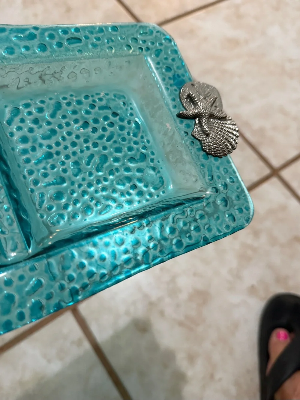Source Unknown Turquoise Glass Divided Serving Tray with Silver Shell Accents